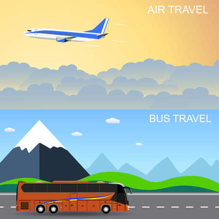 Travel panorama banners. flat style banners, flying plain above the sky, moving bus in front of mountains. vector illustration in flat design. travel and vacations conceptのイラスト素材