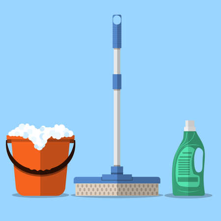 Cleaning set. MOP, red plastic bucket with foam, cleaning products in bottle for floor. vector illustration in flat design on blue backgroundのイラスト素材