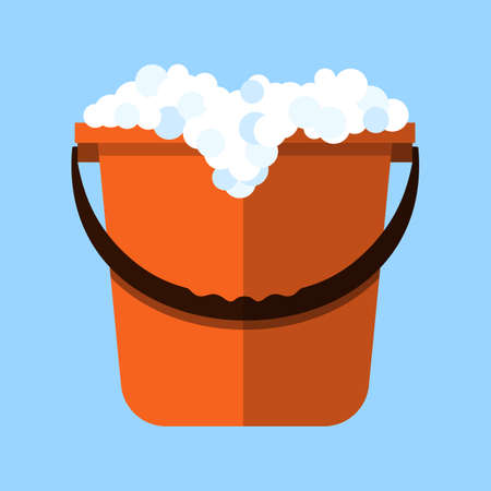 Red cleaning bucket with soap bubbles, cleaning house concept. Bucket for household. vector illustration in flat design on blue backgroundのイラスト素材