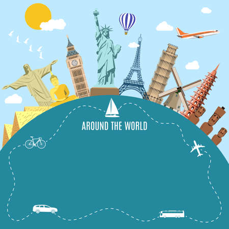 World Travel. Planning summer vacations. Summer holiday. Tourism and vacation theme. postcard with famous world landmarks icons. Flat design vector illustration.  travel and vacations conceptのイラスト素材