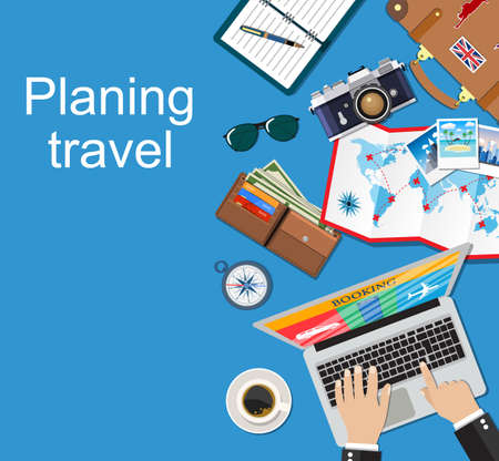 Travel planning. Vacation, trip, holiday concept. Banner travel.  Flat design vector illustration.  travel and vacations concept. Booking car  air  hotel.のイラスト素材