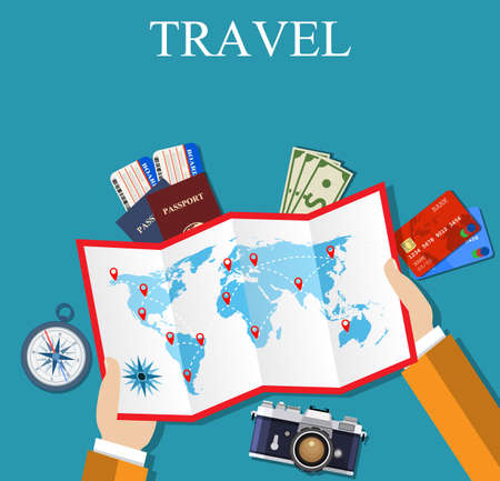 Cartoon hands hold folded paper map of world with color point markers. Flat travel background. Summer holidays, vacation.  vector illustration in flat design. travel and vacations concept.のイラスト素材