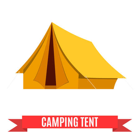 Camping tent vector icon. Tourist hiking equipment isolated on white background. yellow color cartoon tent pictogram.  Flat design vector illustrationのイラスト素材
