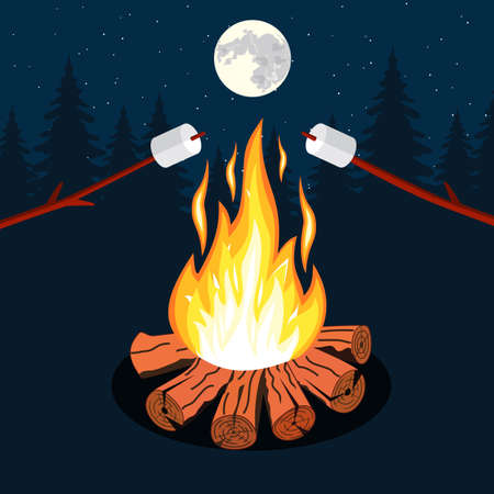 Bonfire with marshmallow, camping grill marshmallow vector illustration. Marshmallow outdoor, campfire night, food marshmallow stick. Vector illustration in flat design.のイラスト素材