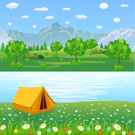 Tent Camping Tourist Forest Mountain Expedition. travel and vacation concept. vector illustration in flat designのイラスト素材
