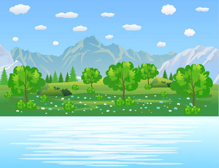 Summer landscape with meadows and mountains. River and the forest, nature landscape, vector background. vector illustration in flat designのイラスト素材