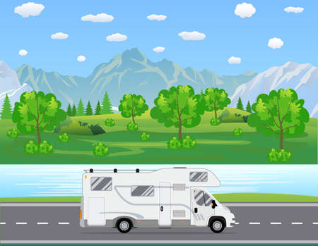 Family traveler truck driving on the road. Outdoor journey camping traveling vacation concept poster card. RV caravan motorhome van on countryside background landscape. Flat vector illustration.のイラスト素材