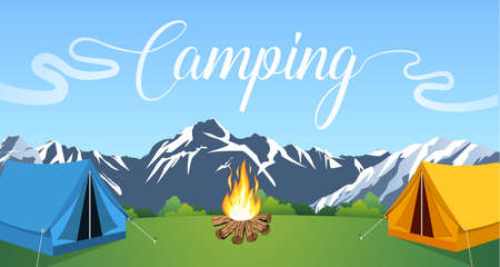 Vector flat illustration camping. Nature background with grass, forest, mountains and hills. Outdoor activities. Tent and fire campのイラスト素材