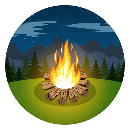Cartoon bonfire on night landscape of trees and mountains icon. bonfire. sports tourism in nature. Camping. Journey to the mountains and forests. Vector illustration. Summer tourism. bonfire iconのイラスト素材