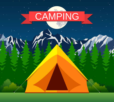 Tourist tent on a clearing located under the moon and stars on the background of mountain and wood. vector illustration in flat designのイラスト素材
