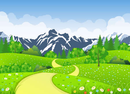Summer landscape with meadows and mountains. Road and the forest, nature landscape, vector background. vector illustration in flat designのイラスト素材
