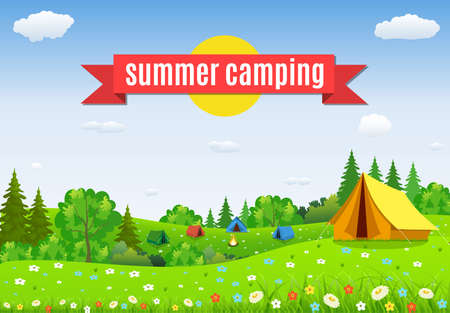 tourist tent and green blossom meadow on a cloudy sky. Summer camping. Natural vector landscape. vector illustration in flat designのイラスト素材