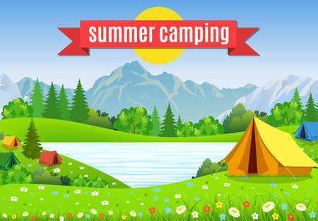 tourist tent and green blossom meadow, mountains on a cloudy sky. Summer camping. Natural vector landscape. vector illustration in flat design. Outdoor activities. Tent and fire campのイラスト素材