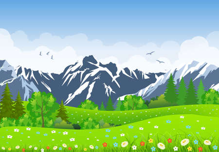 Summer landscape with meadows and mountains. forest, nature landscape, vector background. vector illustration in flat designのイラスト素材