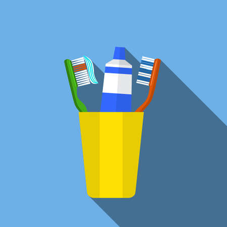 Toothbrush, toothpaste in a glass vector illustration. Toothbrush isolated on blue background. Toothbrush vector icon illustration. Toothbrush isolated vector. silhouetteのイラスト素材