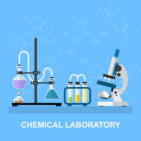 Chemistry laboratory workspace and science equipment concept. The chemical background, banner, cover. Science, education, chemistry, experiment, laboratory concept. vector illustration in flat designのイラスト素材