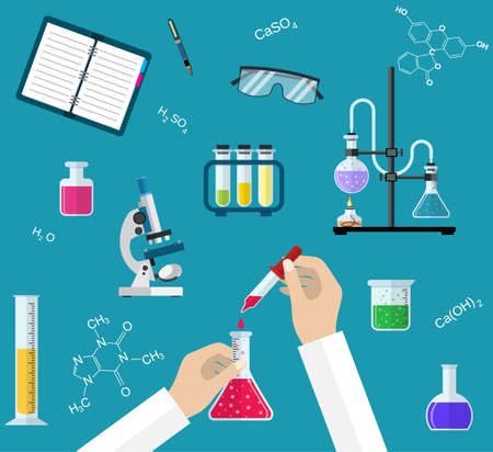 Science Experiment or chemistry laboratory. Research, testing, studies in chemistry, physics, biology. Hands of doctor with pipette and test tube. Desktop research. Vector illustration, flat design.のイラスト素材