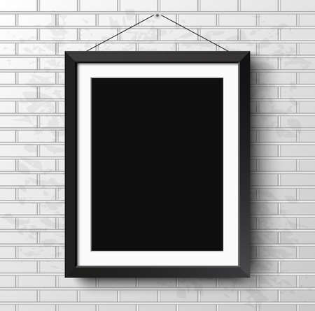 Realistic black frame on light grunge brick wall. Perfect for your presentations Vector illustration. frame for your projectsのイラスト素材