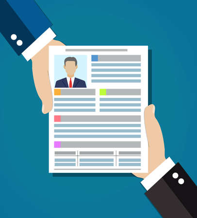 Businessman hand holding resume for interview. CV application paper sheet. Human resources management concept. vector illustration in flat designのイラスト素材