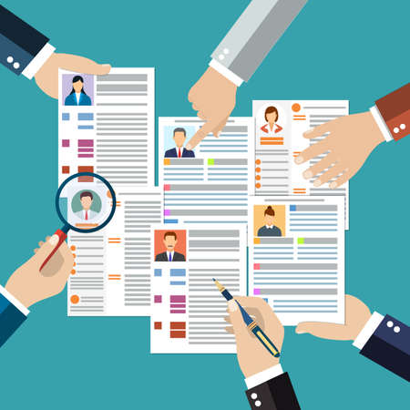 Concept of searching professional staff, analyzing personnel resume, recruitment, human resources management, work of hr. vector illustration in flat designのイラスト素材