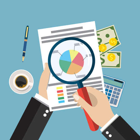 Cartoon businessman hands with magnifier analysis paper sheet, calculator, pen. auditing tax, financial market analysis, seo, financial report. vector illustration in flat designのイラスト素材