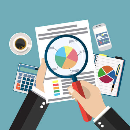 Cartoon businessman hands with magnifier analysis paper sheet, calculator, pen. auditing tax, financial market analysis, seo, financial report. vector illustration in flat designのイラスト素材