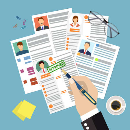 Cv concept resume with photo, documents. Employment recruitment. Searching professional staff. CV application. Selecting staff. vector illustration in flat designのイラスト素材