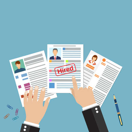 Cv concept resume with photo, documents. Employment recruitment. Searching professional staff. CV application. Selecting staff. vector illustration in flat designのイラスト素材