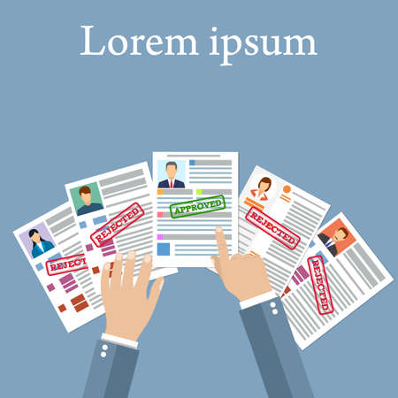Curriculum Vitae Recruitment Candidate Job Position, Hands Hold CV Profile Choose Business People to Hire. Selecting staff. vector illustration in flat designのイラスト素材