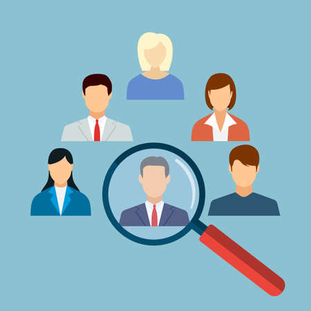 Human resources management select employee. Recruitment, concept of human resources management. CV application. Selecting staff. vector illustration in flat designのイラスト素材