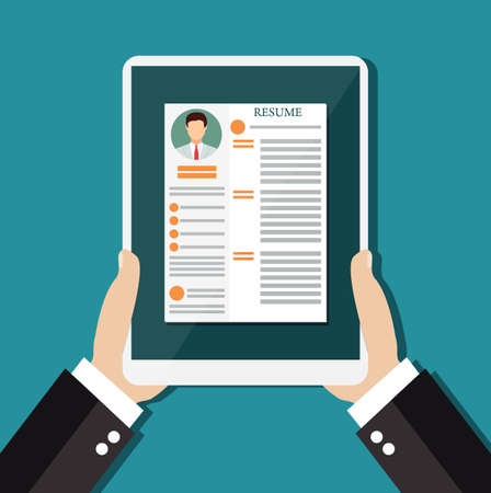 Business man hold tablet with resume. Recruitment, concept of human resources management. CV application. vector illustration in flat designのイラスト素材
