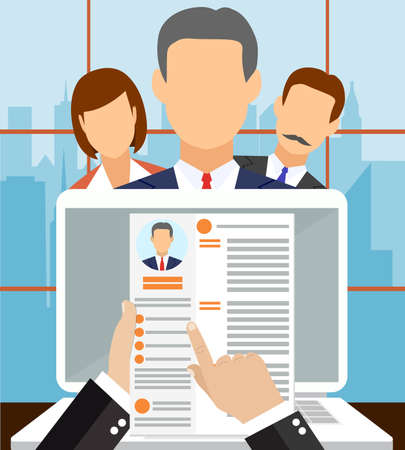 Recruiment flat concept with recruiter holding cv and candidates. Job interview concept with business cv resume. vector illustration in flat designのイラスト素材