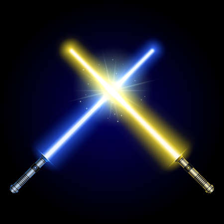 Two Crossed Light Swords Fight. yellow and Blue Crossing Lasers. Design Elements for Your Projects. modern light swords on dark background. Vector illustration.のイラスト素材