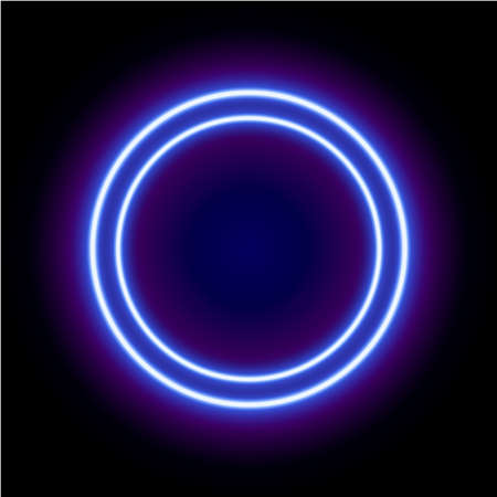 Neon abstract round. Glowing frame. Vintage electric symbol. Burning a pointer to a black wall in a club, bar or cafe. Design element for your ad, sign, poster, banner. Vector illustrationのイラスト素材