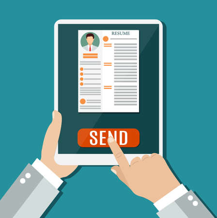 Business man hold tablet with resume and send. Recruitment, concept of human resources management. CV application. vector illustration in flat designのイラスト素材