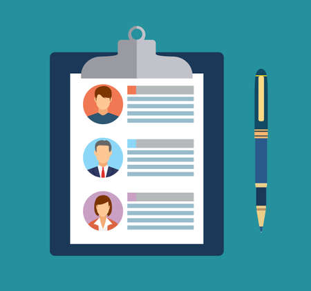 Human resources management concept, searching professional staff, analyzing resume papers, work. clipboard with resume papers and pen. vector illustration in flat designのイラスト素材