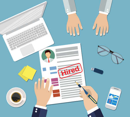 Human resources management concept, searching professional staff, work, analyzing resume, documents papers, sticky notes, pen. vector illustration in flat designのイラスト素材