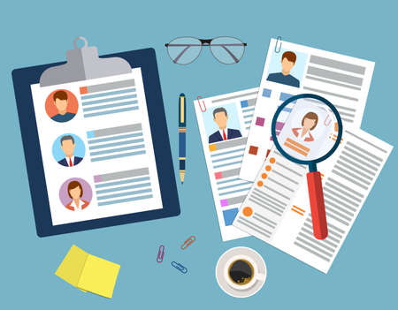 Human resources management concept, searching professional staff, work, analyzing resume, documents papers, magnifying glass, sticky notes, pen. vector illustration in flat designのイラスト素材