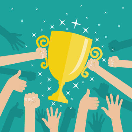 Soccer football gold trophy for winner. hands holding gold winners cup. illustration on green background in flat styleのイラスト素材