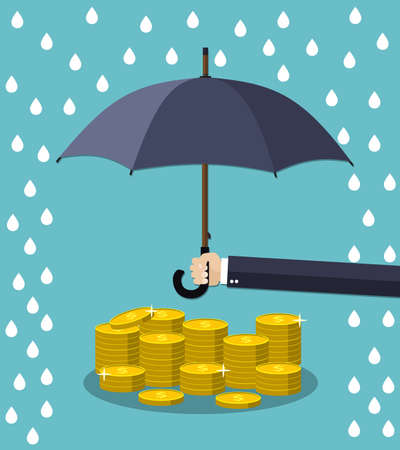 Hand holding umbrella under rain to protect money. money protection, financial savings concpet. illustration in flat styleのイラスト素材