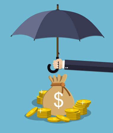 Hand holding umbrella under rain to protect money. money protection, financial savings concpet. illustration in flat styleのイラスト素材