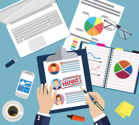 Cv concept resume with photo, documents. Employment recruitment. Searching professional staff. CV application. Selecting staff.のイラスト素材