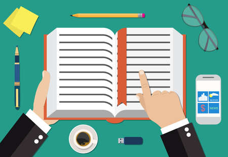 Book flat icon with hand reading person concept vector illustration in flat designのイラスト素材