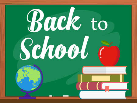 back to school text over chalkboard background concept. school books with apple on desk. vector illustration in flat designのイラスト素材