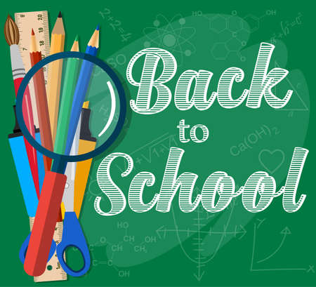 Back to School Title Words with School Items With Colored Pencils, Scissor, Magnifier and Ruler in green Background. vector illustration in flat designのイラスト素材