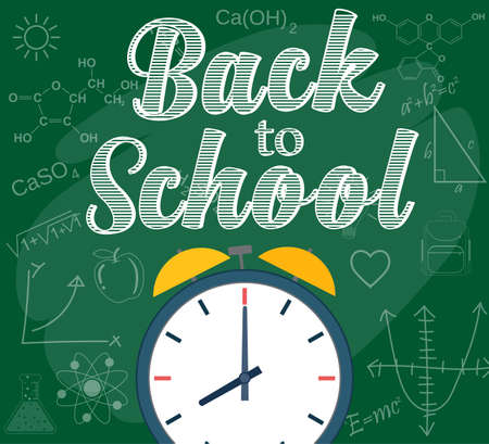 Welcome back to school background with alarm clock, vector illustration in flat designのイラスト素材