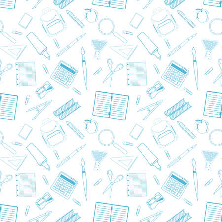 Seamless pattern with set of different school objectsのイラスト素材