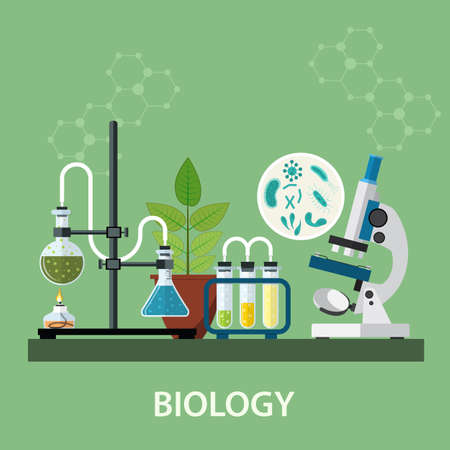 Biology laboratory workspace and science equipment , microscope, conceptual Scientific research. vector illustration in flat designのイラスト素材