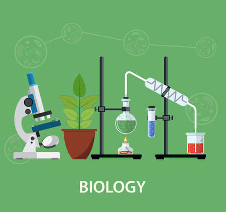 Biology laboratory workspace and science equipment , microscope, conceptual Scientific research. vector illustration in flat designのイラスト素材