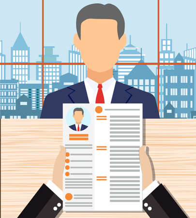Recruiters hands holding cv and candidate in office. Human resources management concept, searching professional staff. vector illustration in flat design, cityscape backgroundのイラスト素材